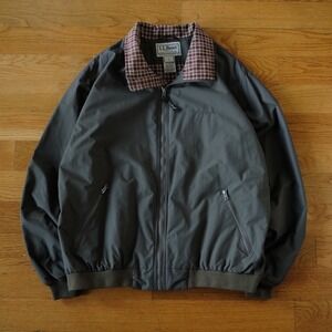 LL Bean Men's Bomber Jacket L Reg Olive Green Plaid Collar Zip Front Outerwear